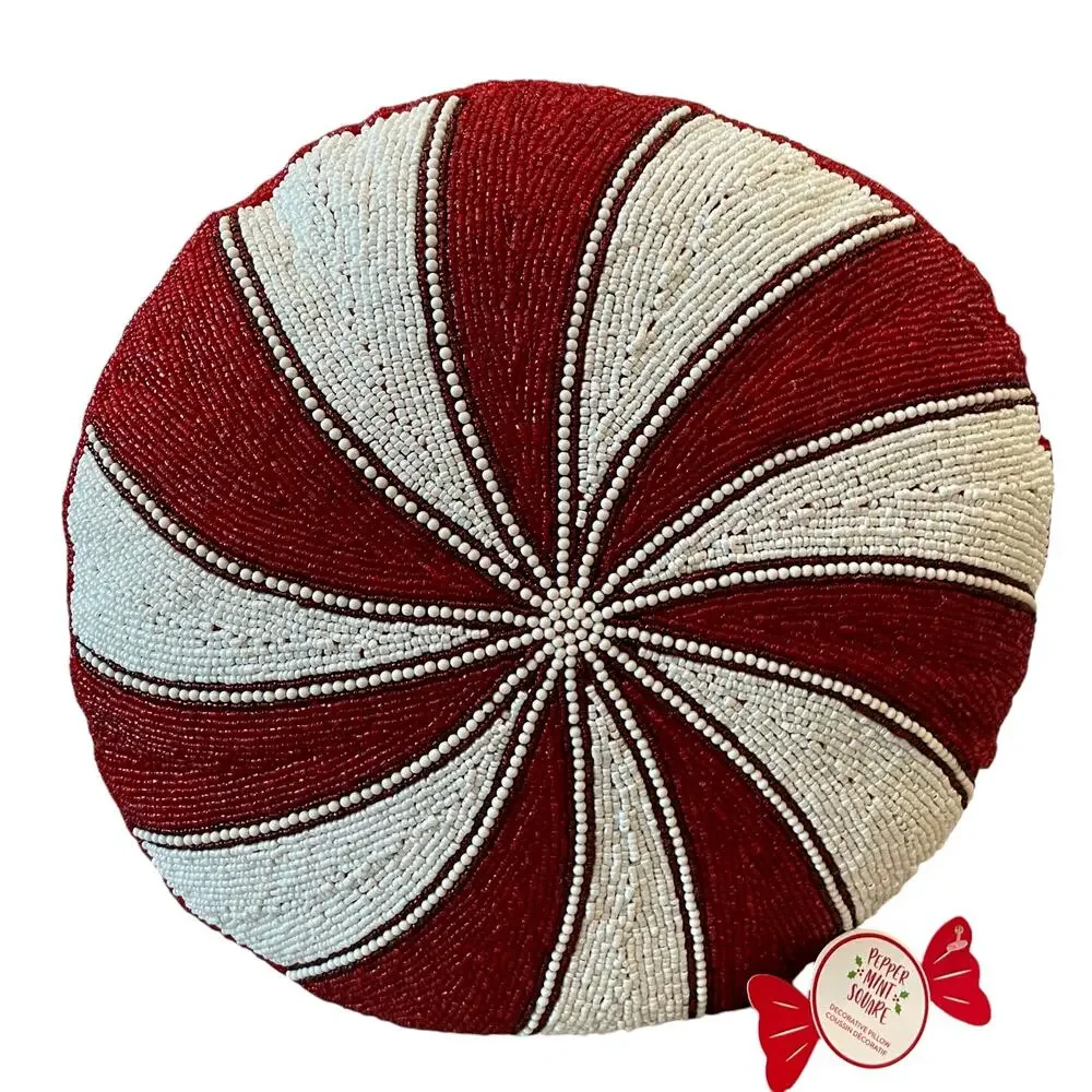 Beaded Christmas Peppermint Candy Pillow 15in Holiday Decor by Peppermint Square